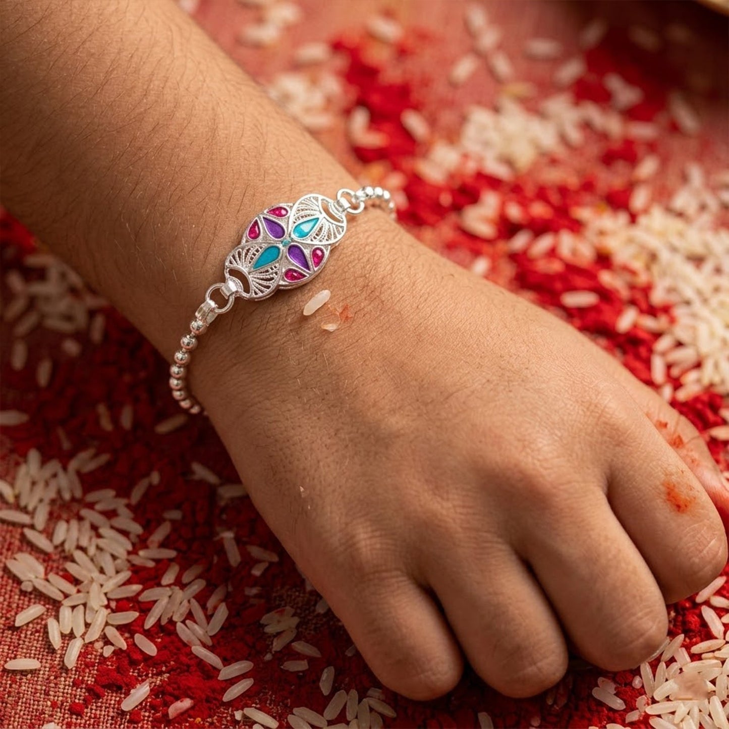 Oval Enamel Stone Charm Chain Bracelet Rakhi for Brother Elegant & Memorable (5pcs)