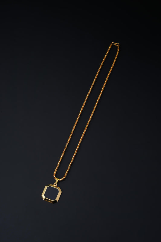 Square Double Sided Black Pendant & Gold Round Chain