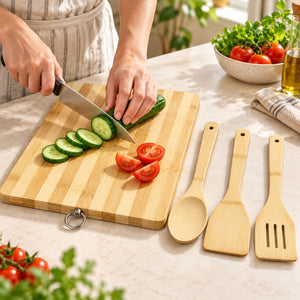 Bamboo Chopping Board with Spoon, Spatula and Slotted Turner (4 in 1)