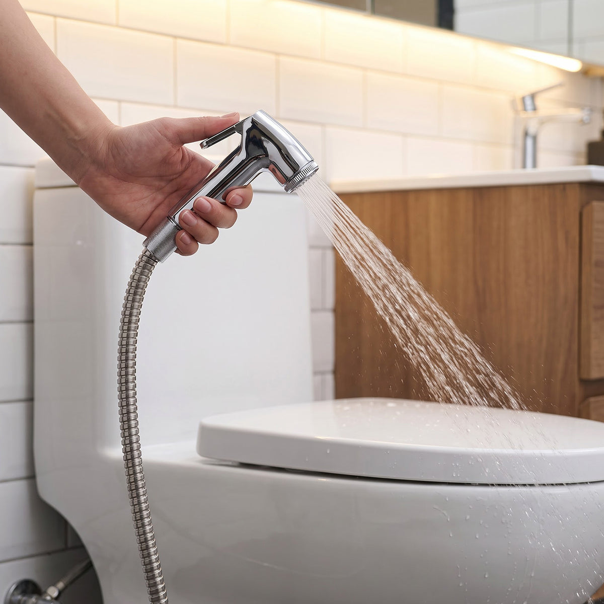 Bathroom shower hose pipe set in use
