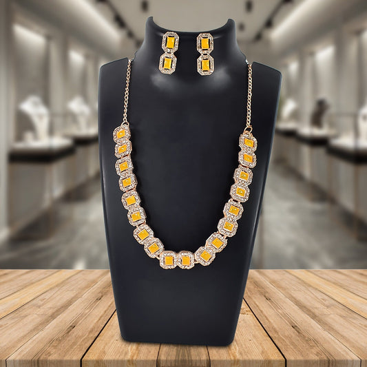 Yellow  American Diamond Studded Jewellery Necklace Set