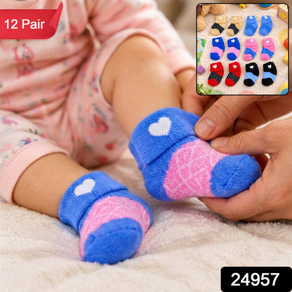 Soft Warm Baby Socks with Heart Design and Folded Cuffs (12 Pairs)