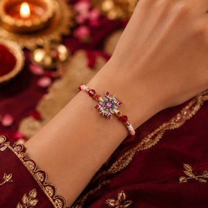 Designer Floral Bhaiya Bhabhi Rakhi Set with Colorful Stones and Lumba Rakhi