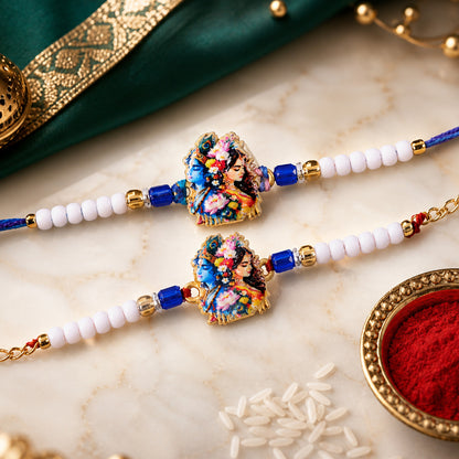 Radha Krishna Floral Art Printed Pearl Beads Bhai Bhabhi Rakhi Set