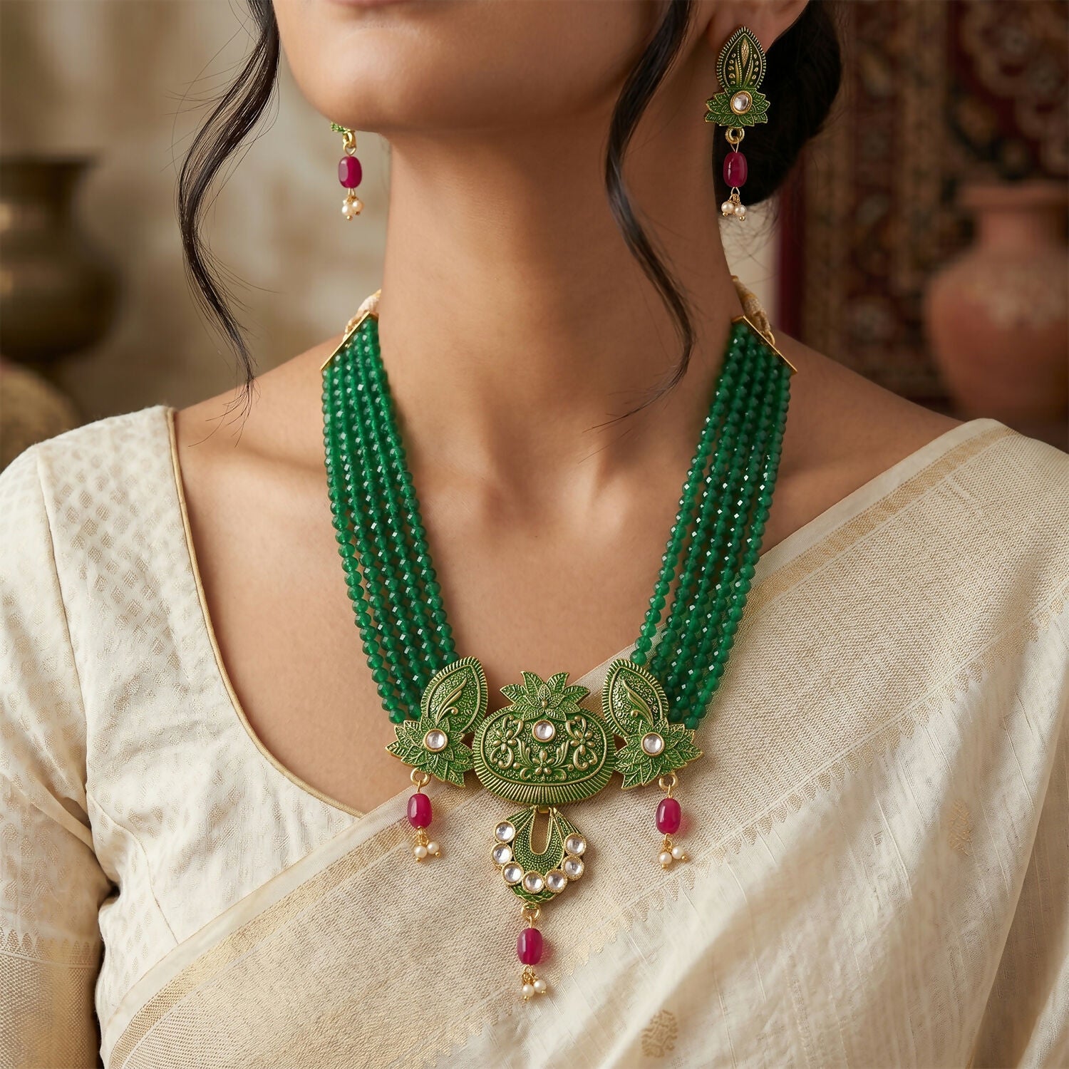 Layered green bead necklace traditional design