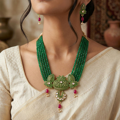 Layered green bead necklace traditional design