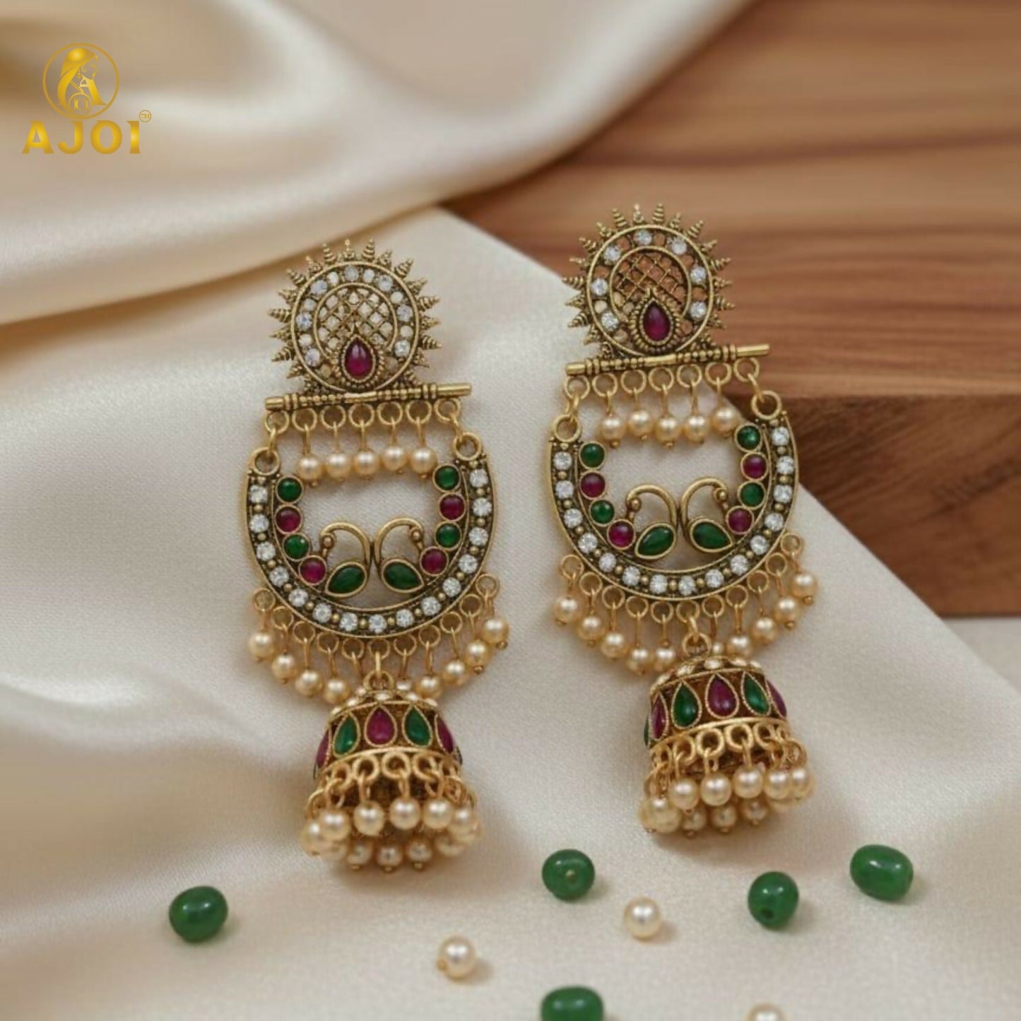 Peacock Motif Antique Gold Finish Chandbali Jhumka Earring