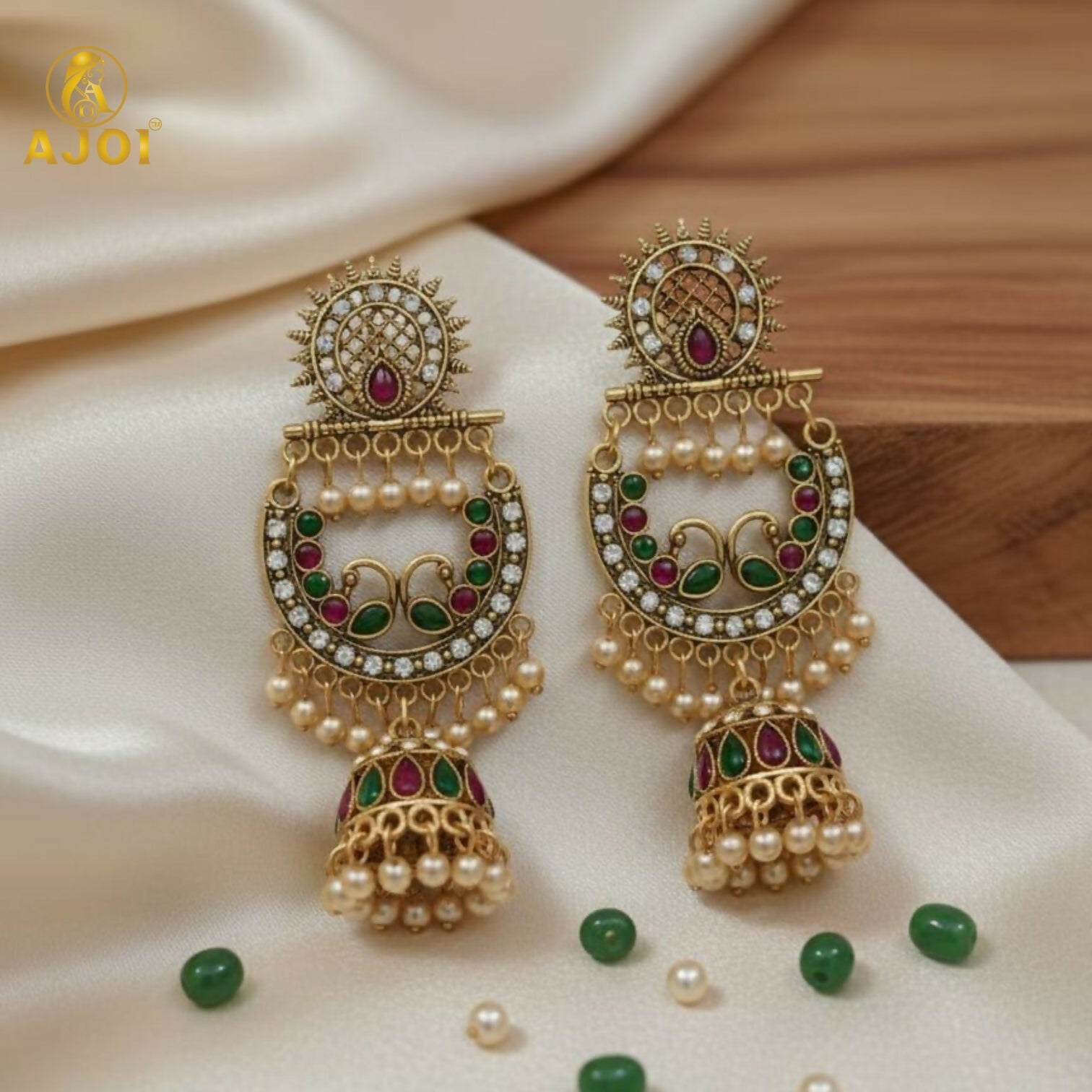 Peacock Motif Antique Gold Finish Chandbali Jhumka Earring