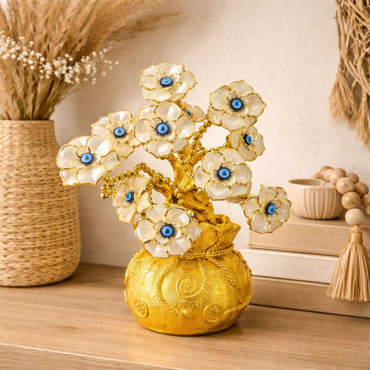 Golden lucky flower tree decorative showpiece with blue evil eye accents