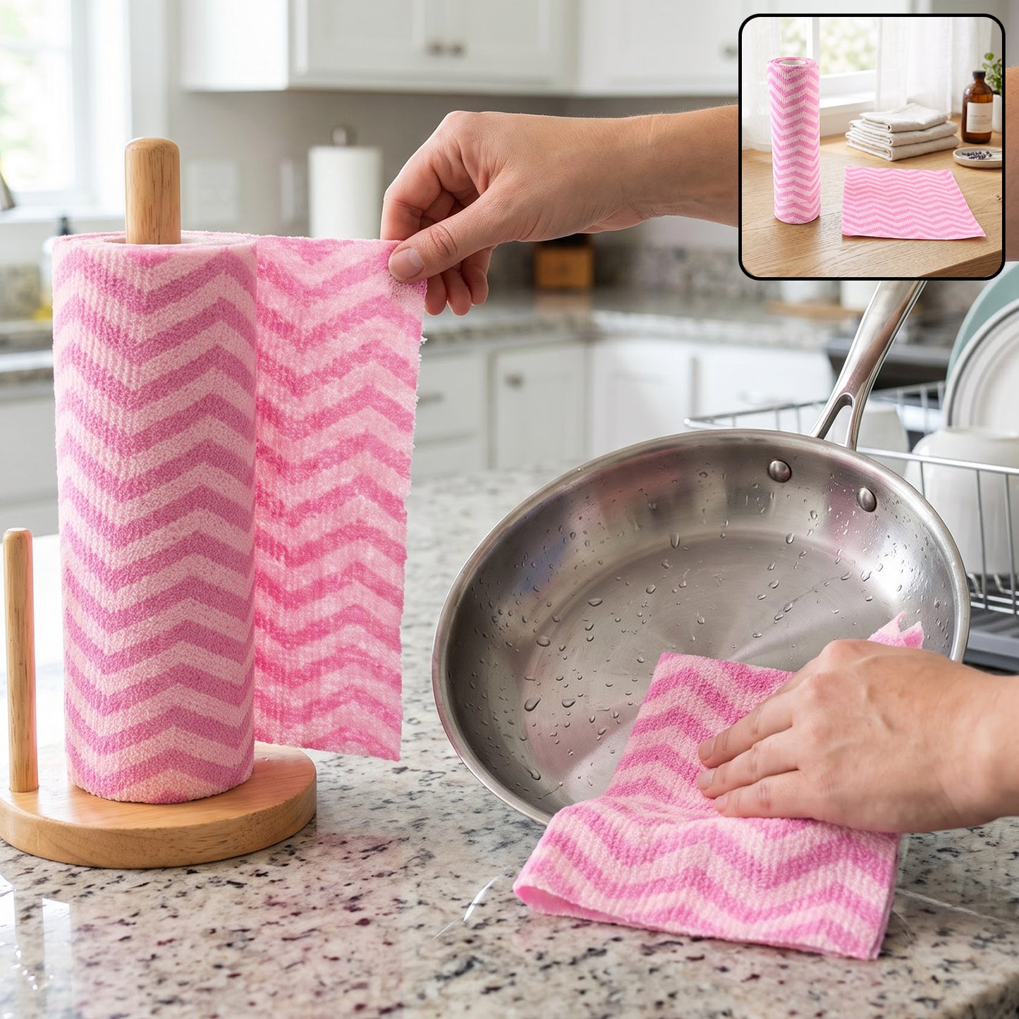 Reusable kitchen cleaning cloth roll in use
