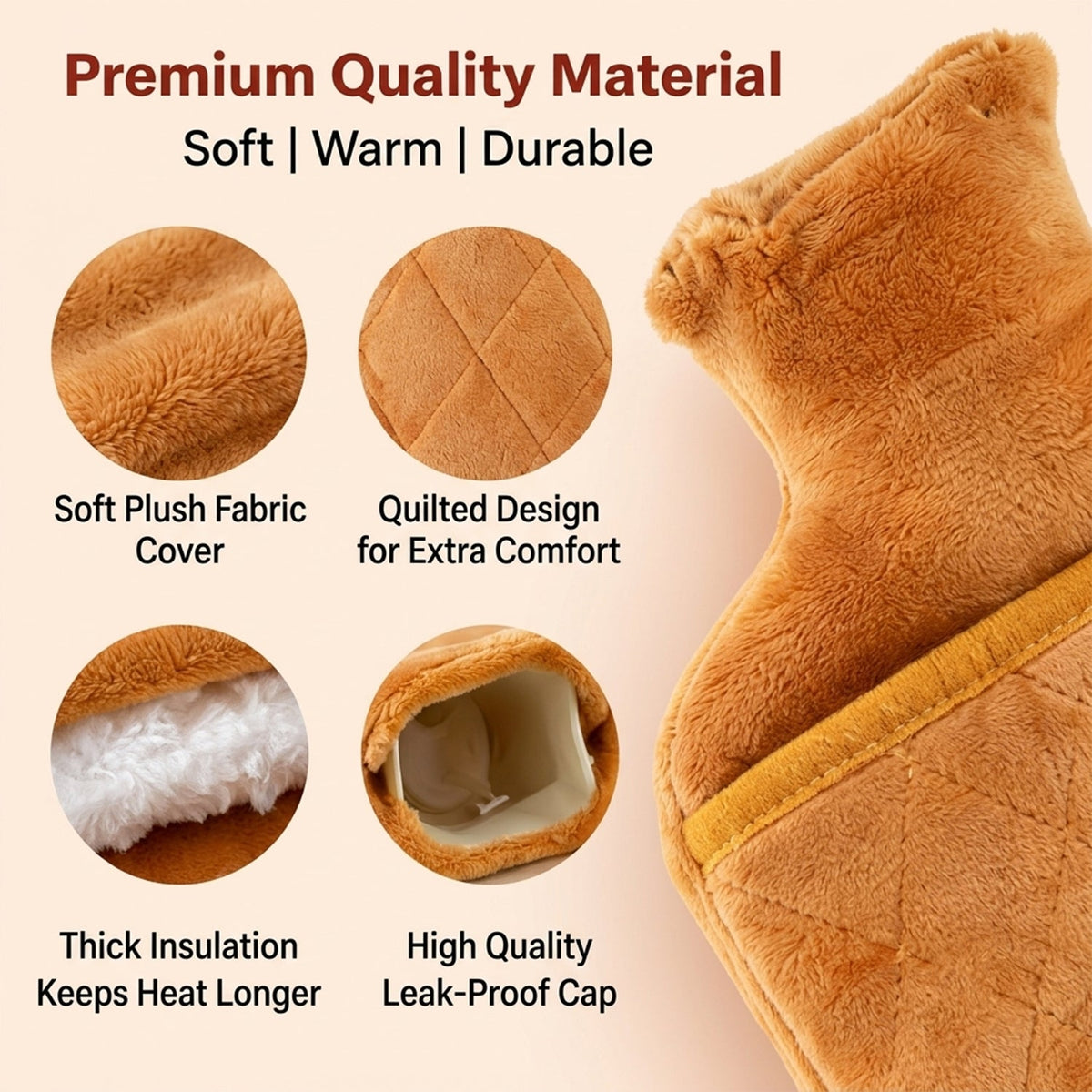 Close-up views of the hot water bottle's soft plush fabric, quilted pattern, thick insulation, and leak-proof cap.