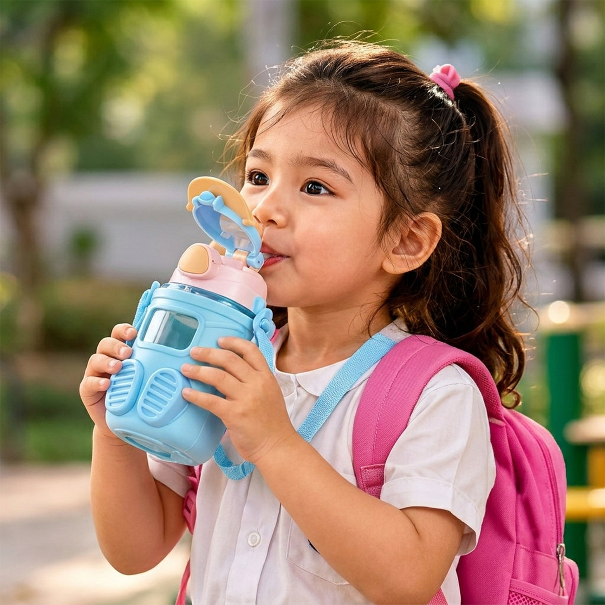Kids Sipper Water Bottle with Straw, Dual Handles and Strap (450 ml, 1 Pc)