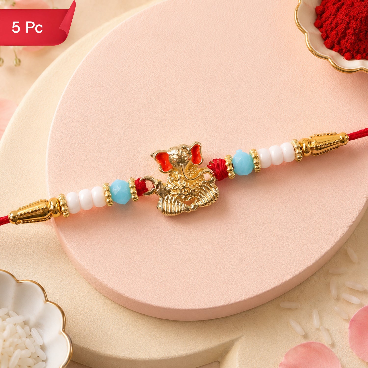 Golden Ganesha Rakhi Aqua Blue Beaded Thread for Brother (5pcs)