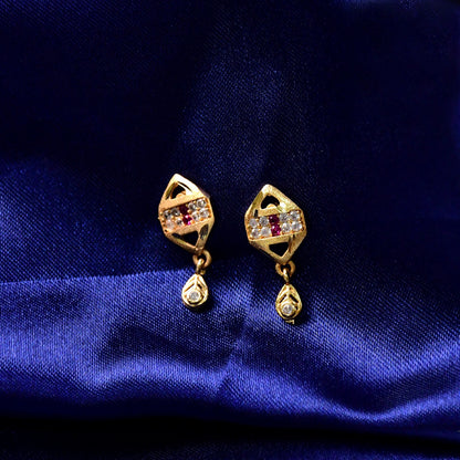 Trendy Geometric Gold Earrings with Sparkling Stones & Drop Charm