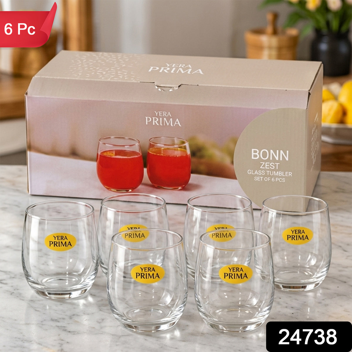 Yera Prima Bonn Clear Glass Tumbler Set for Water, Juice and Drinks (6 Pc)