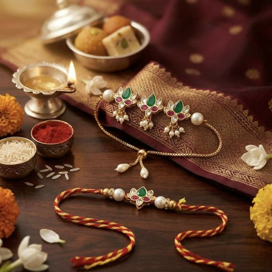 A gold-plated rakhi with red and green floral kundan stones and pearls, next to a matching lumba bracelet, with sweets and