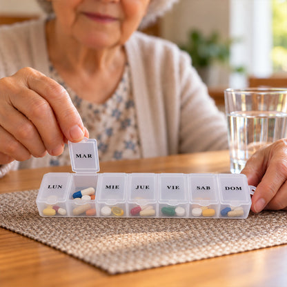 An elderly woman opens the Tuesday compartment of a clear pill box filled with colorful medication on a woven placemat.
