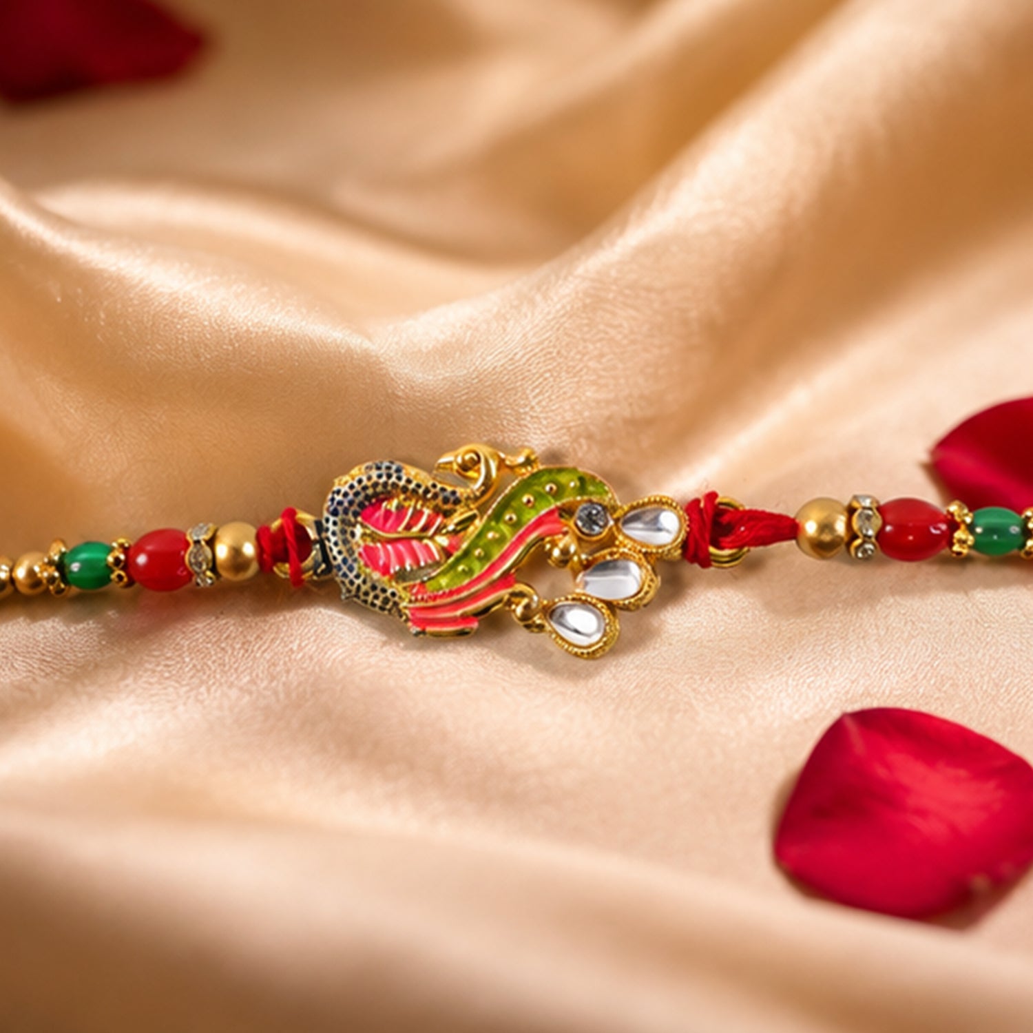 Enamel Peacock Pendant Rakhi with Red and Green Beads