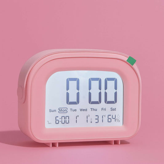 Pink Digital Alarm Clock with Backlight, Large LED Screen, Snooze Function, Temperature & Humidity Display, Battery Operated Desk & Bedside Clock for Kids, Girls, Bedroom & Office