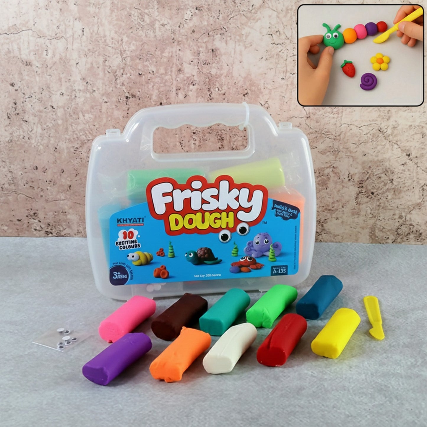 Khyati Frisky Dough 10-Color Set with Tools – Non-Sticky, Stain-Free Modelling Clay