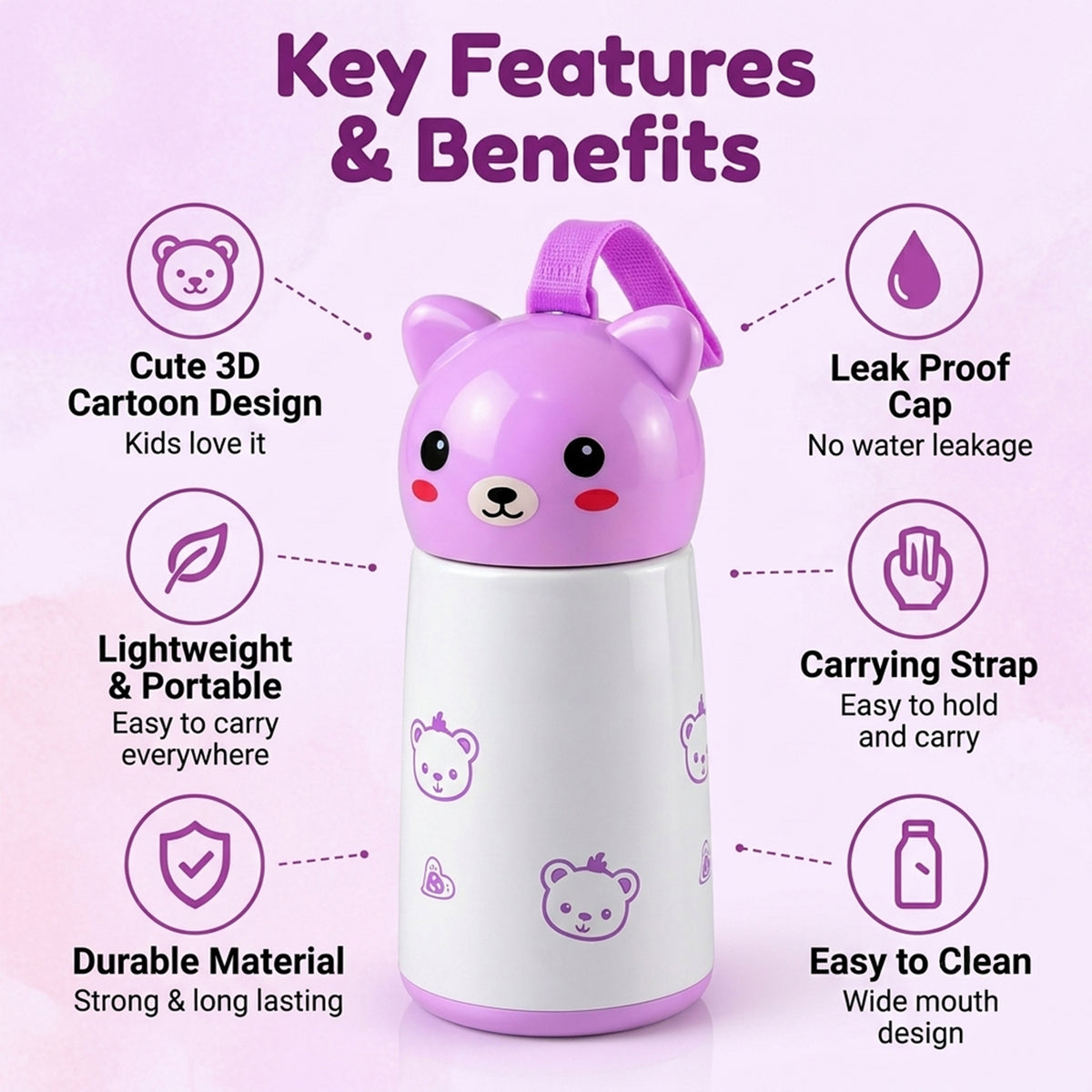 Mini Vacuum Water Bottle with Bunny Cap and Carry Strap 220ml (1 Pc)