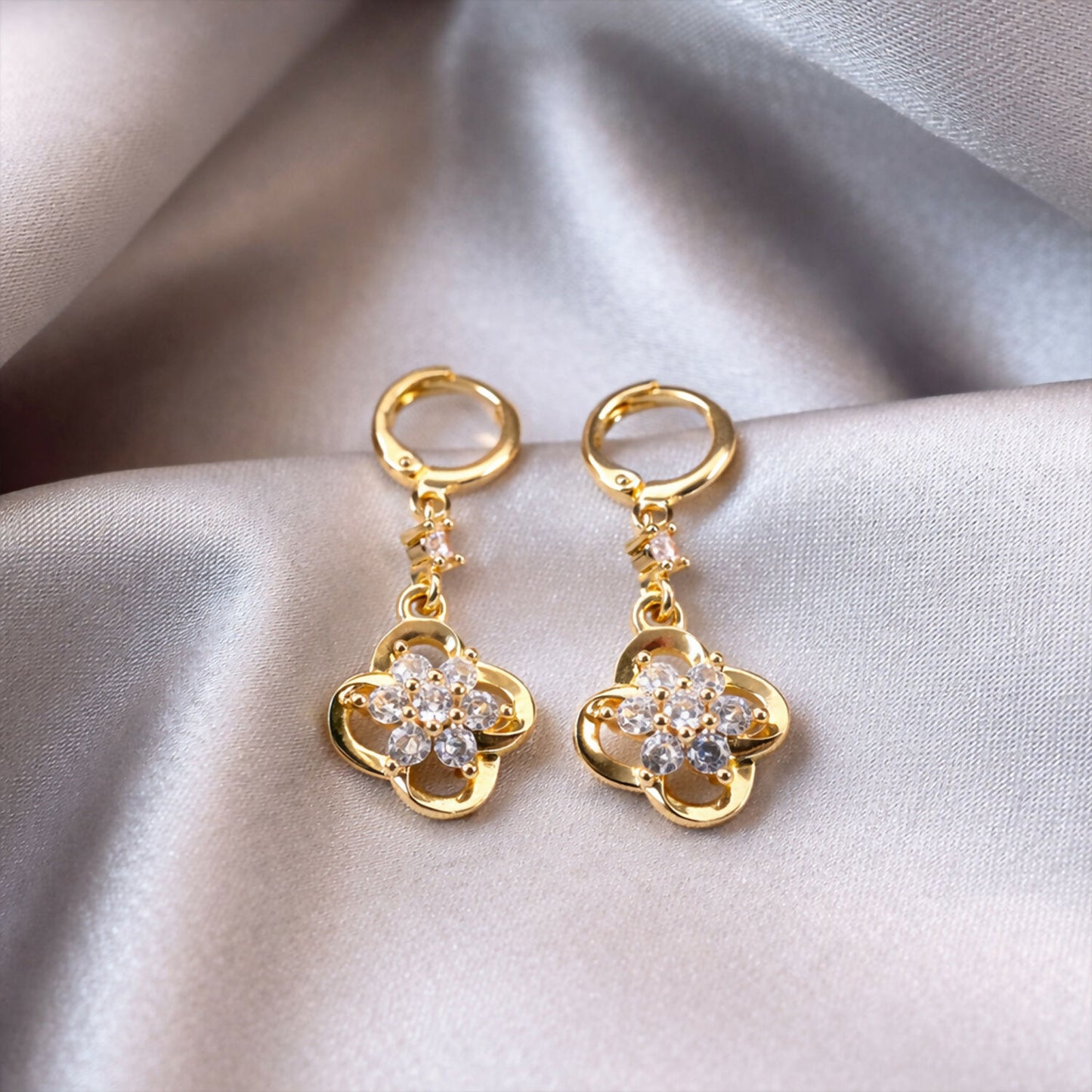 Gold-Tone Crystal Floral Drop Hoop Earrings for Women