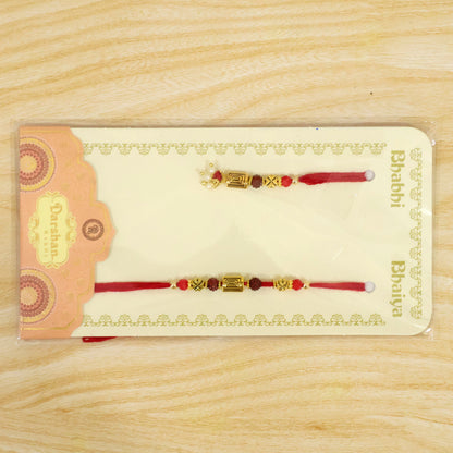 Geometric Spiral Rakhi Pair with Rudraksha Beads for Traditional Couple Gifting Set