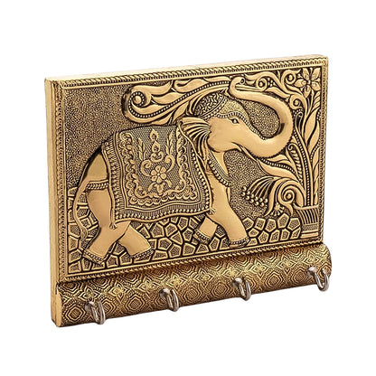 Wooden Key Holder for Home Decor Stylish Metal Gold Antique Elephant Design (1 Pc)