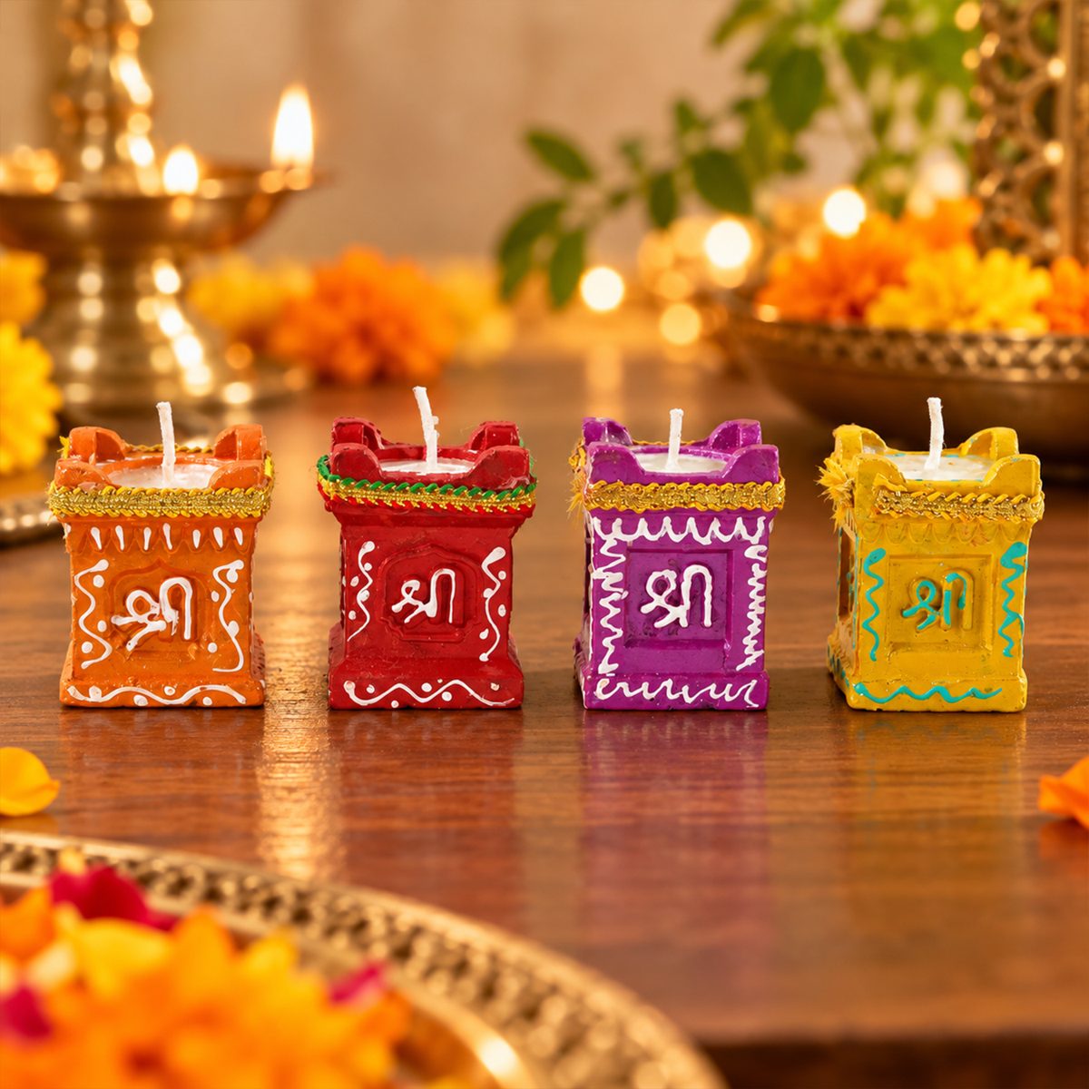 Tulsi-Shaped Decorative Clay Wax Diyas with Painted Details (4 Pc)