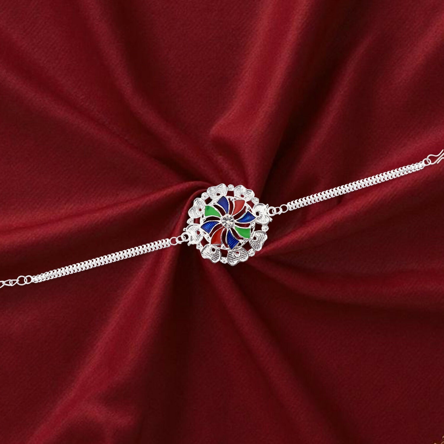 Round Meenakari Mandala Floral Enamel Crystal Silver Chain Rakhi (10pcs)