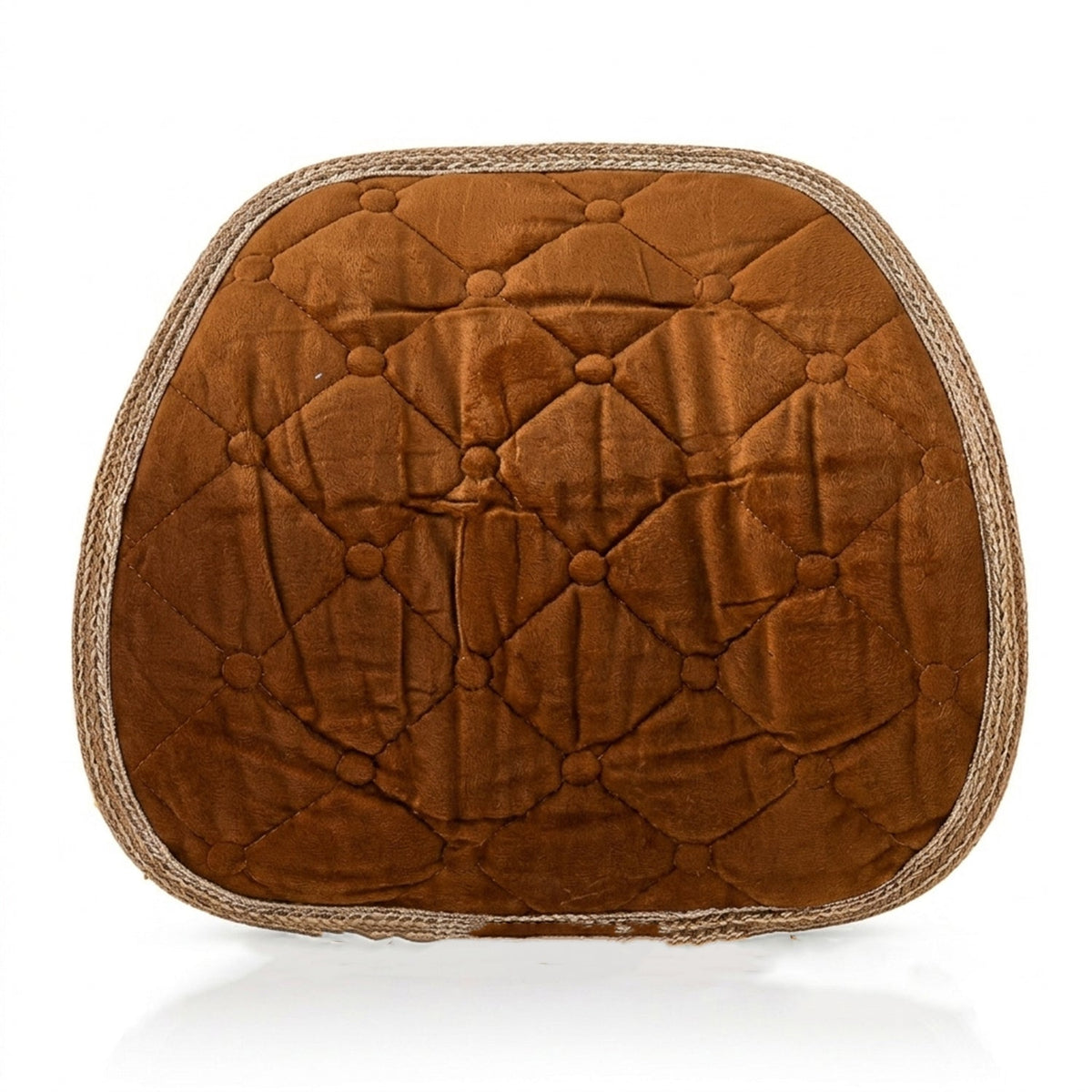 Front view of a brown quilted velvet cushion with a textured border on a white background.