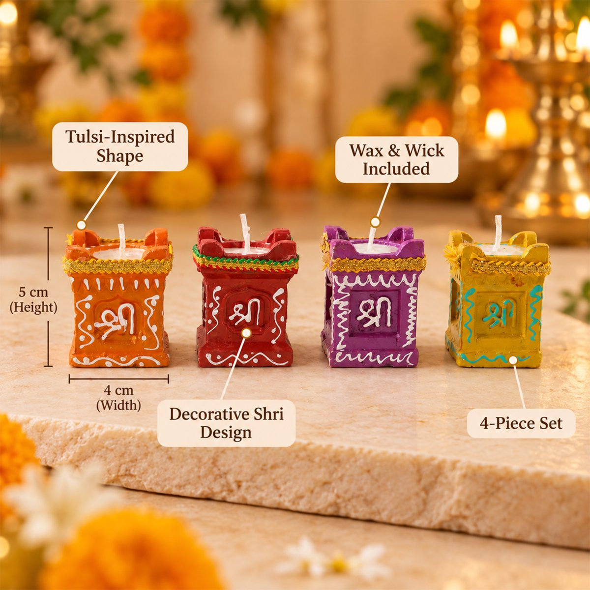 Tulsi-Shaped Decorative Clay Wax Diyas with Painted Details (4 Pc)