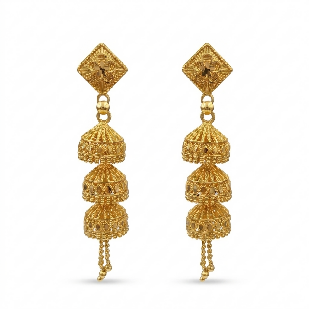 Detailed view of a single gold jhumka earring