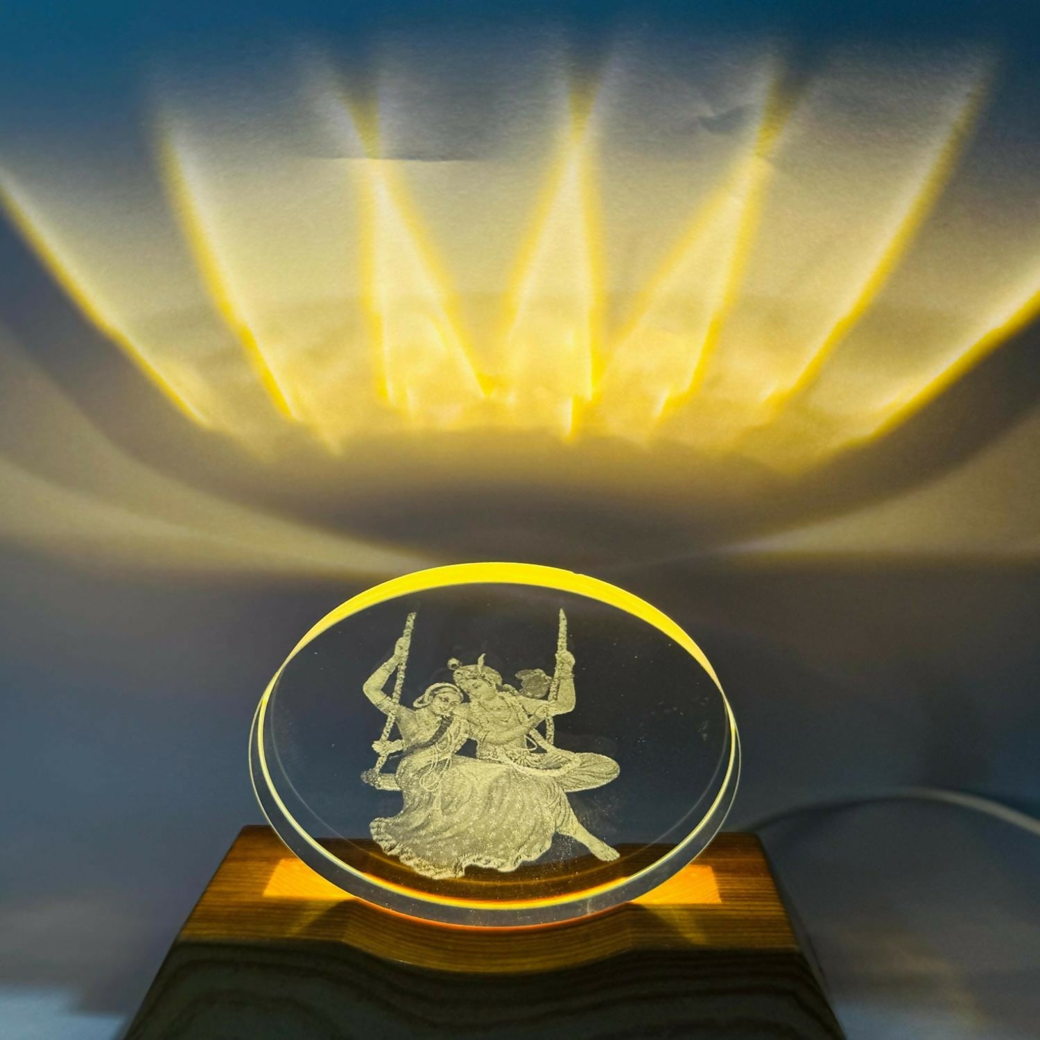 Premium Radha Krishna LED Crystal Showpiece with Wooden Base | 3D Laser Engraved Radha Krishna Idol Light | Decorative Night Lamp for Home Temple, Living Room, Gift & Festive Decor | Warm LED Glow Spiritual Table Showpiece