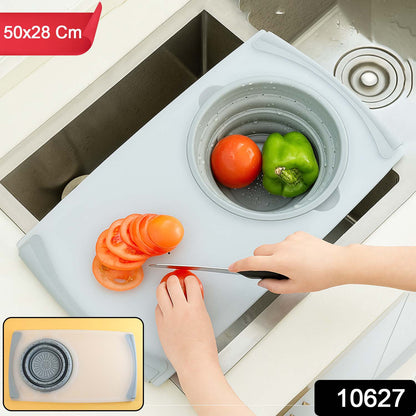 2 in 1 Over-Sink Cutting Board with Built-In Collapsible Strainer (50 x 28 Cm)