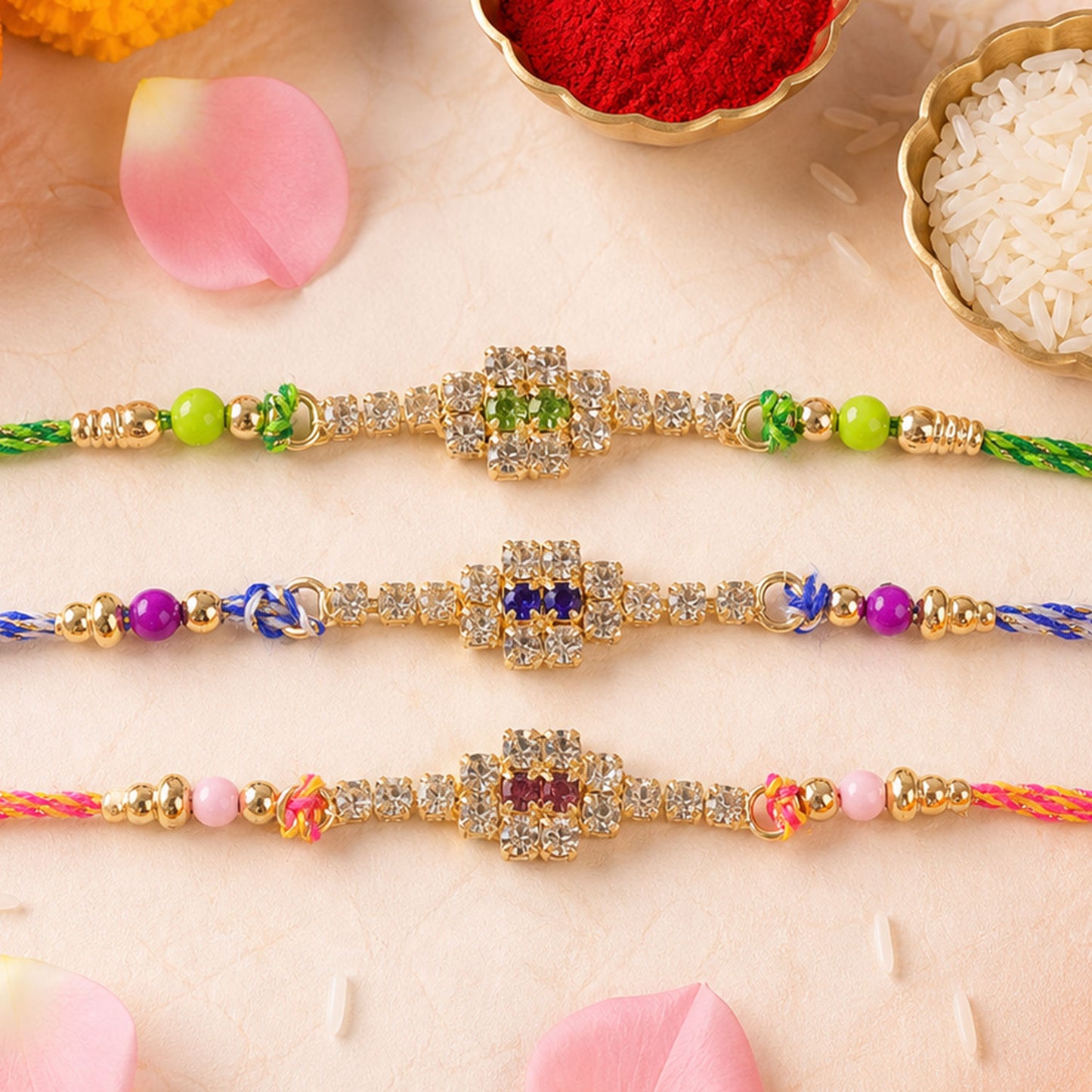 Square Motif Rakhi with Bright Bead Accents for Brother (Pack of 6)