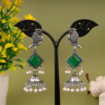 Oxidised Silver Green Stone Parrot Design Jhumka Earrings for Women & Girls