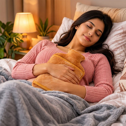 A woman sleeps peacefully in bed, hugging a warm, orange, plush hot water bottle to her stomach.