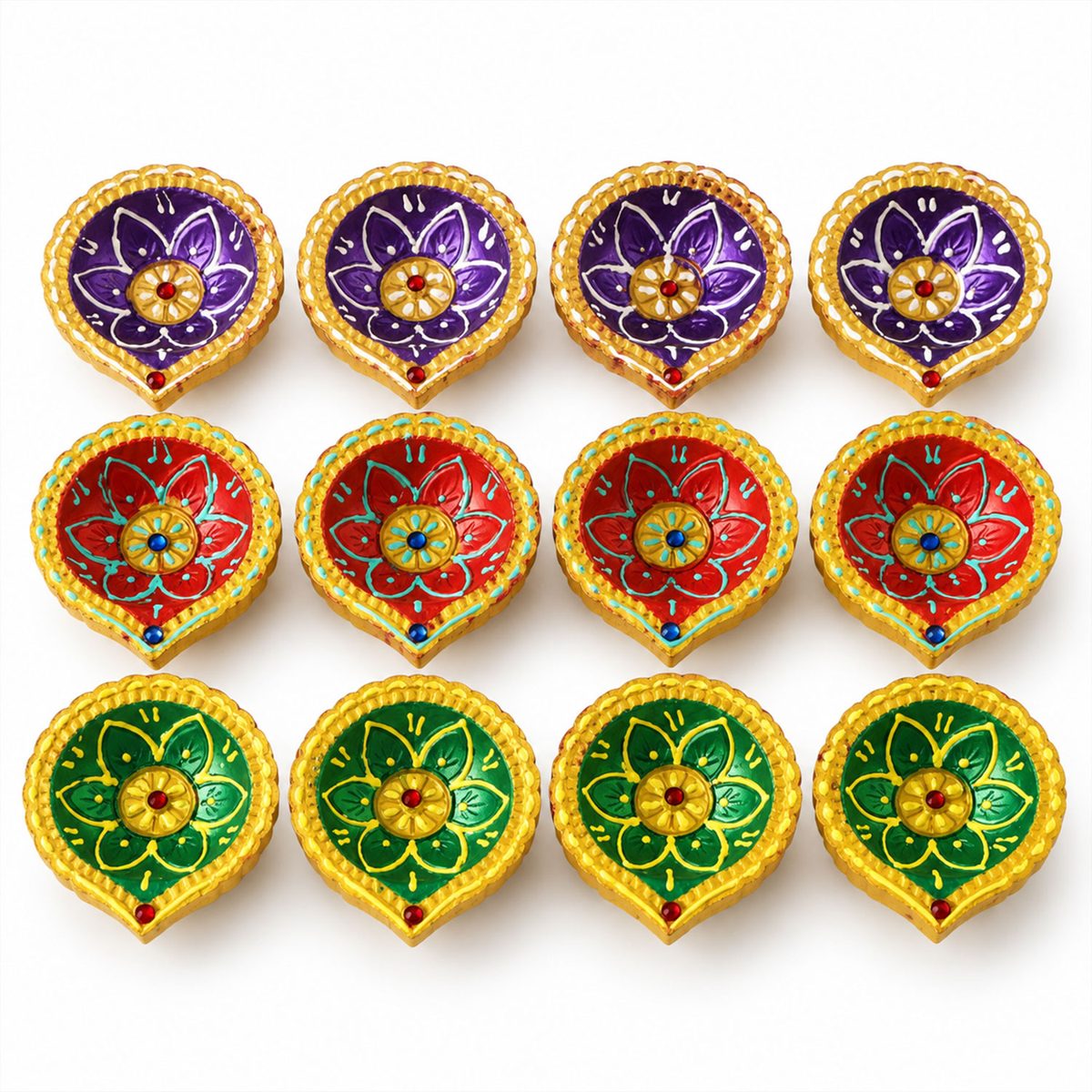 Decorative Painted Clay Diyas with Lotus Motifs and Gold-Tone Rims (12 Pc)