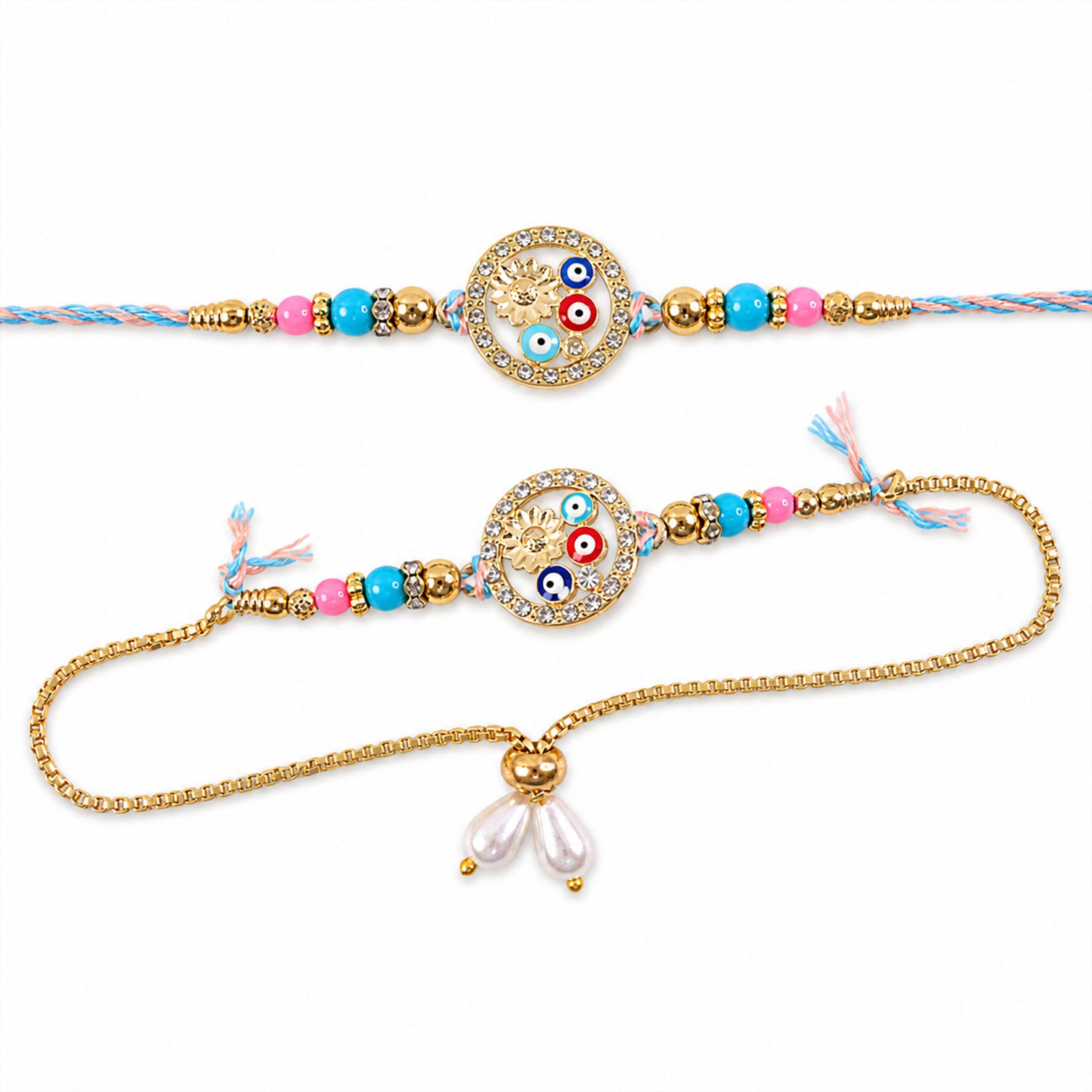 Two colorful Rakhi bracelets with evil eye beads and a gold lumba, displayed on a plain white background.