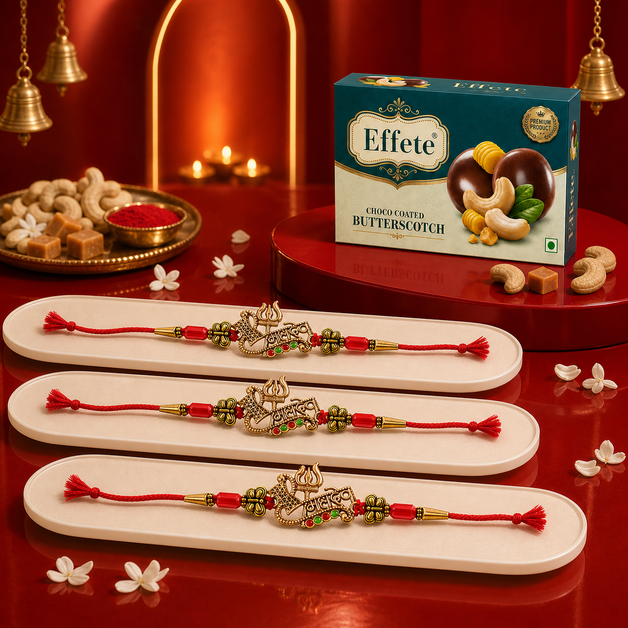 Om Trishul Damru Rakhi with Butterscotch Chocolates, Pack of 3