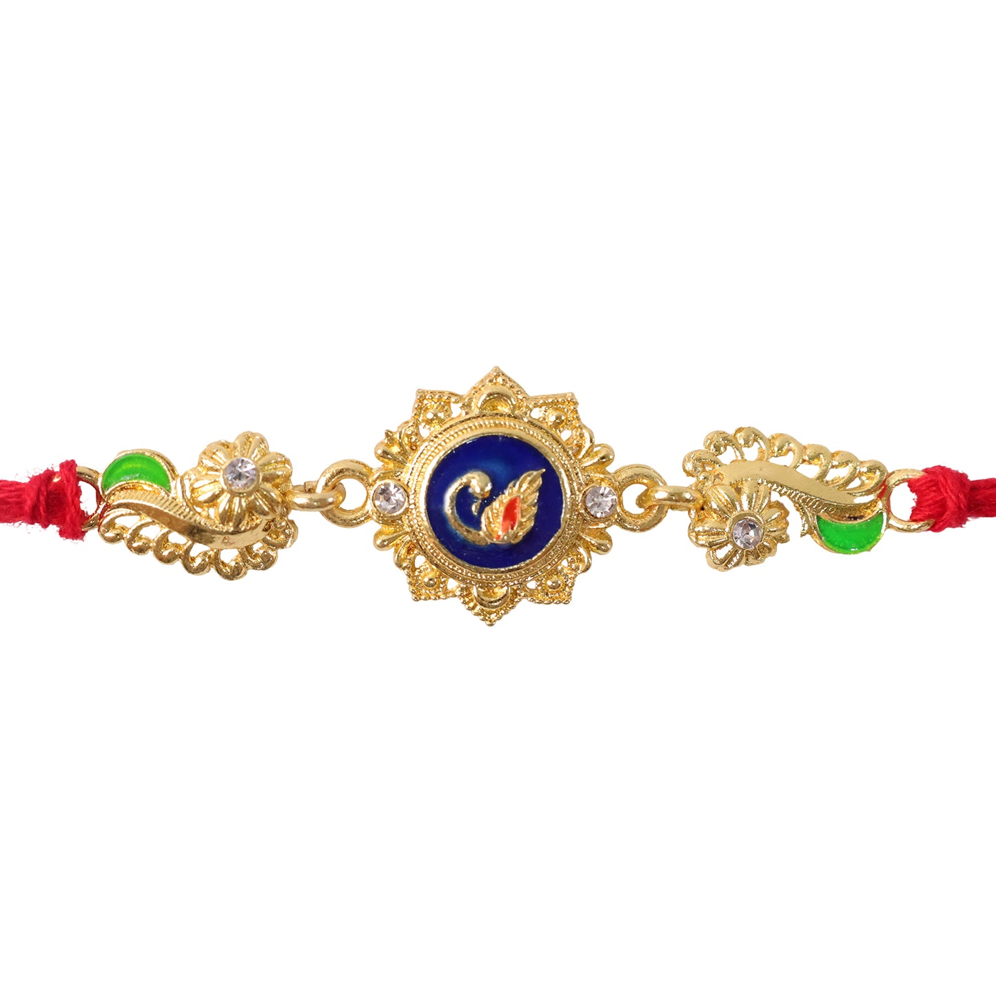 Ornate Rakhi showcasing Blue Oval Medallion, metal trims and chain look for Gift Use