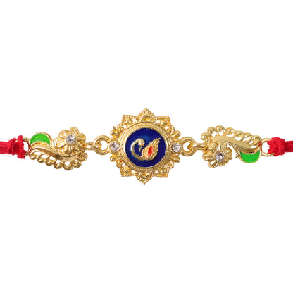 Ornate Rakhi showcasing Blue Oval Medallion, metal trims and chain look for Gift Use