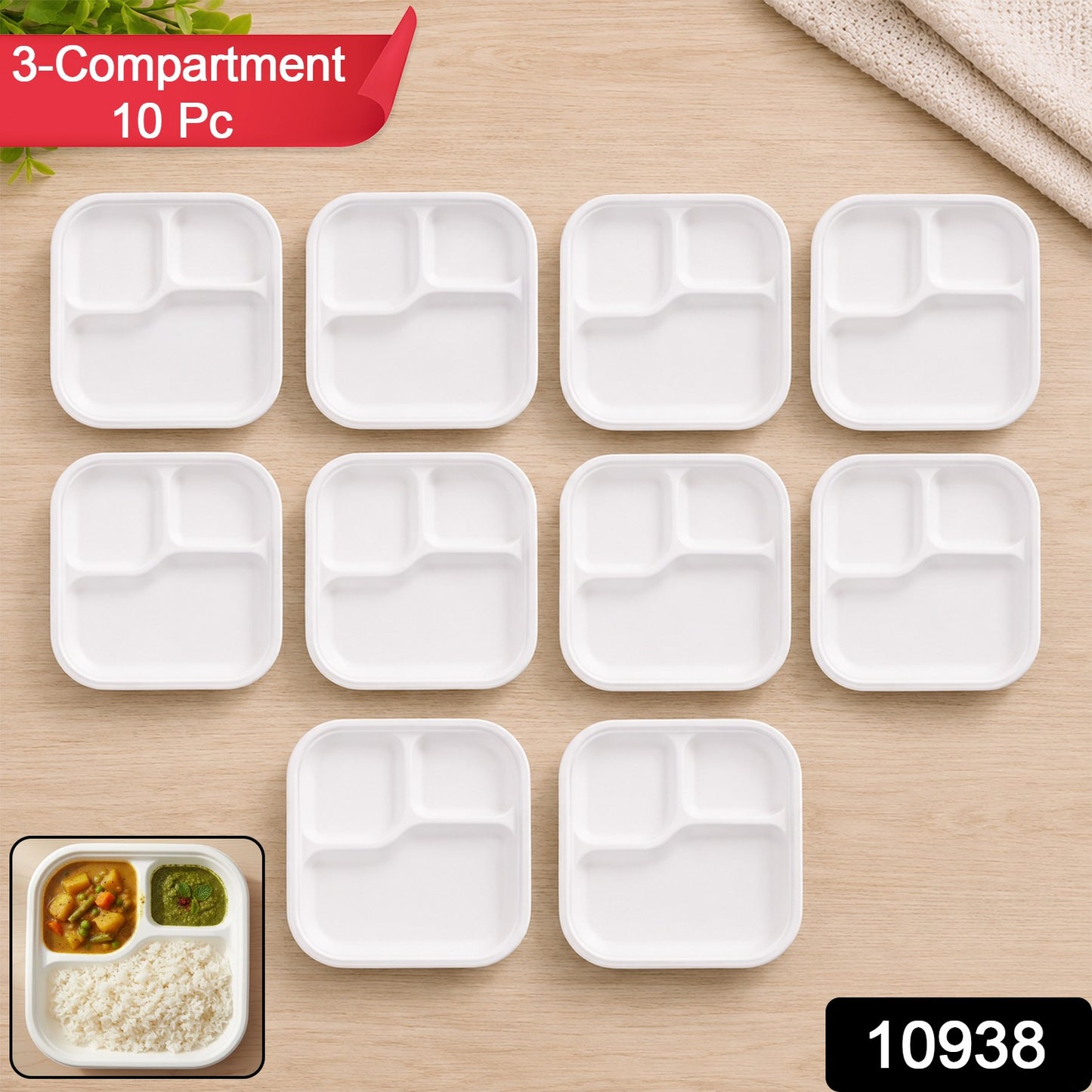 Compostable Bagasse 3-Compartment Meal Plate – Eco-Friendly & Sturdy