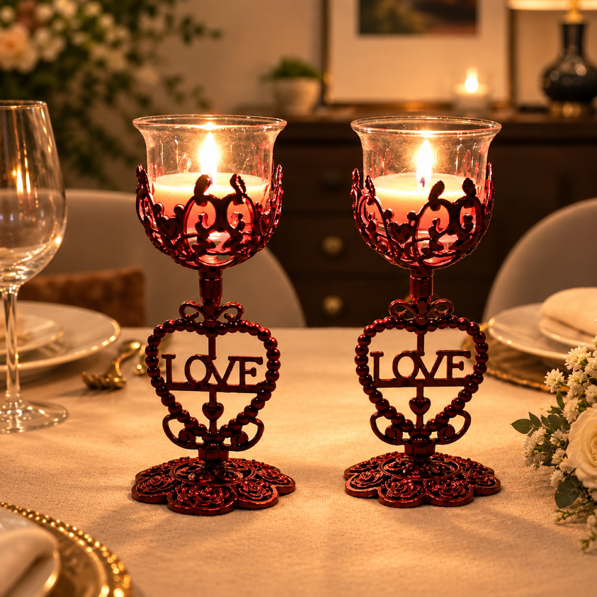 Two ornate red metal candle holders with glass cups, each holding a lit candle, on a dining table.