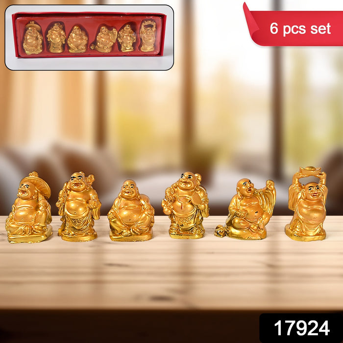 17924 Golden Laughing Buddha Set Of Six Pieces Statue For Happiness, Wealth & Good luck Decor For Wealth and Success (6 Pcs Set)