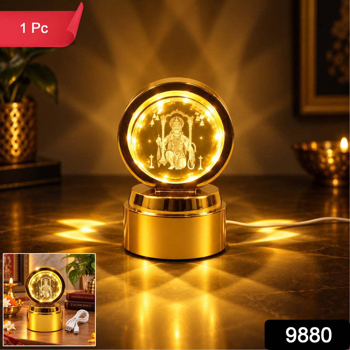 Bajrang Bali 3D Crystal Ball Night Light – Soothing LED Glow