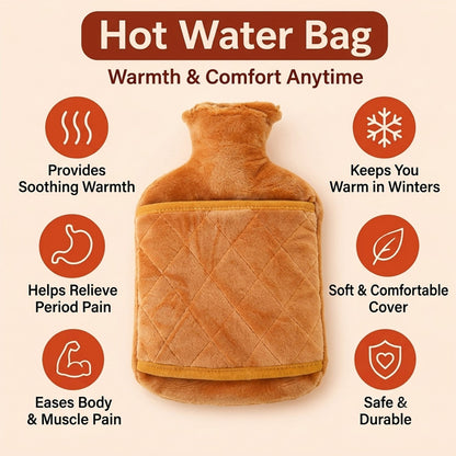An infographic highlighting the benefits of the hot water bag, including warmth, pain relief, and comfort.