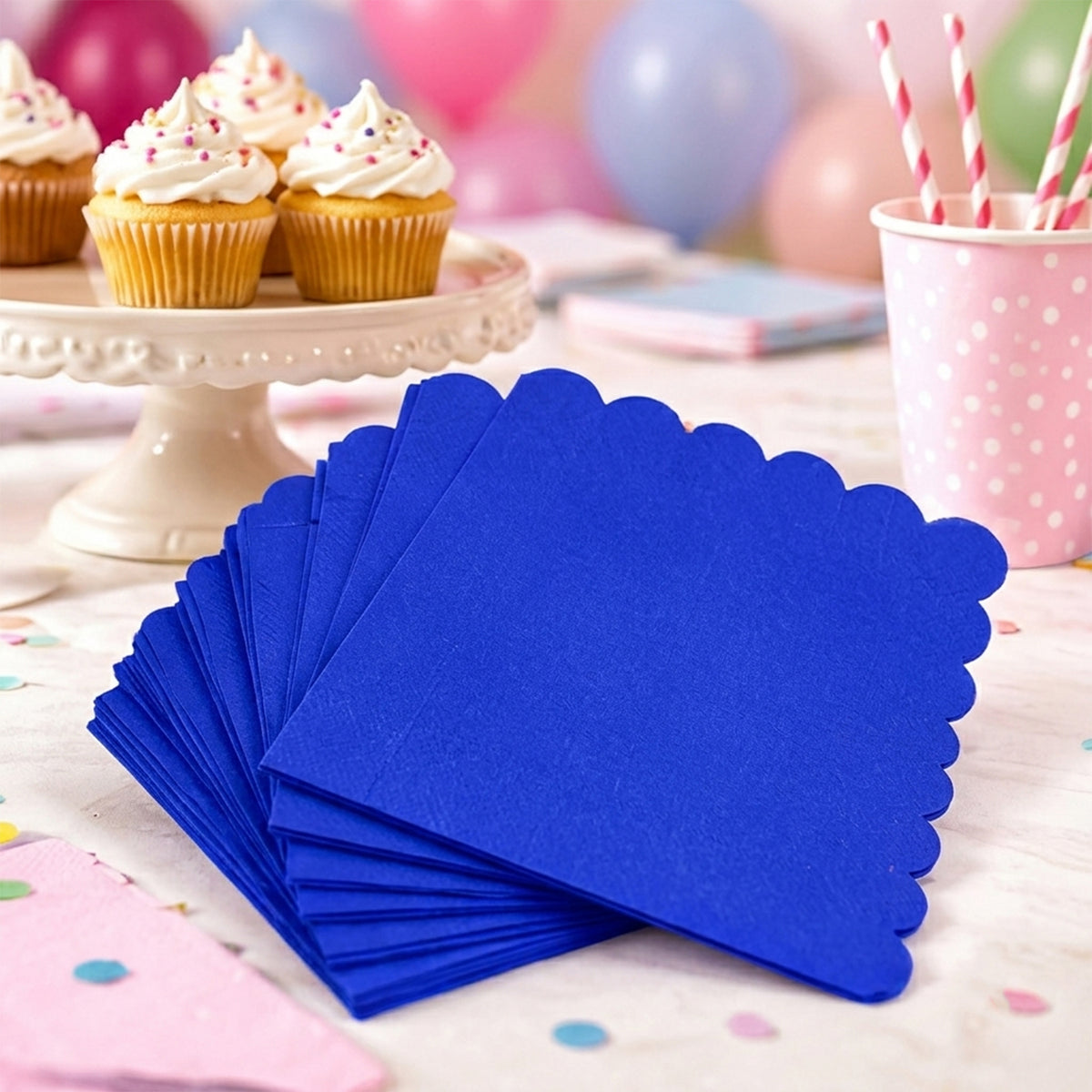 Blue Scalloped Edge Disposable Paper Napkins for Parties (30 Pc)