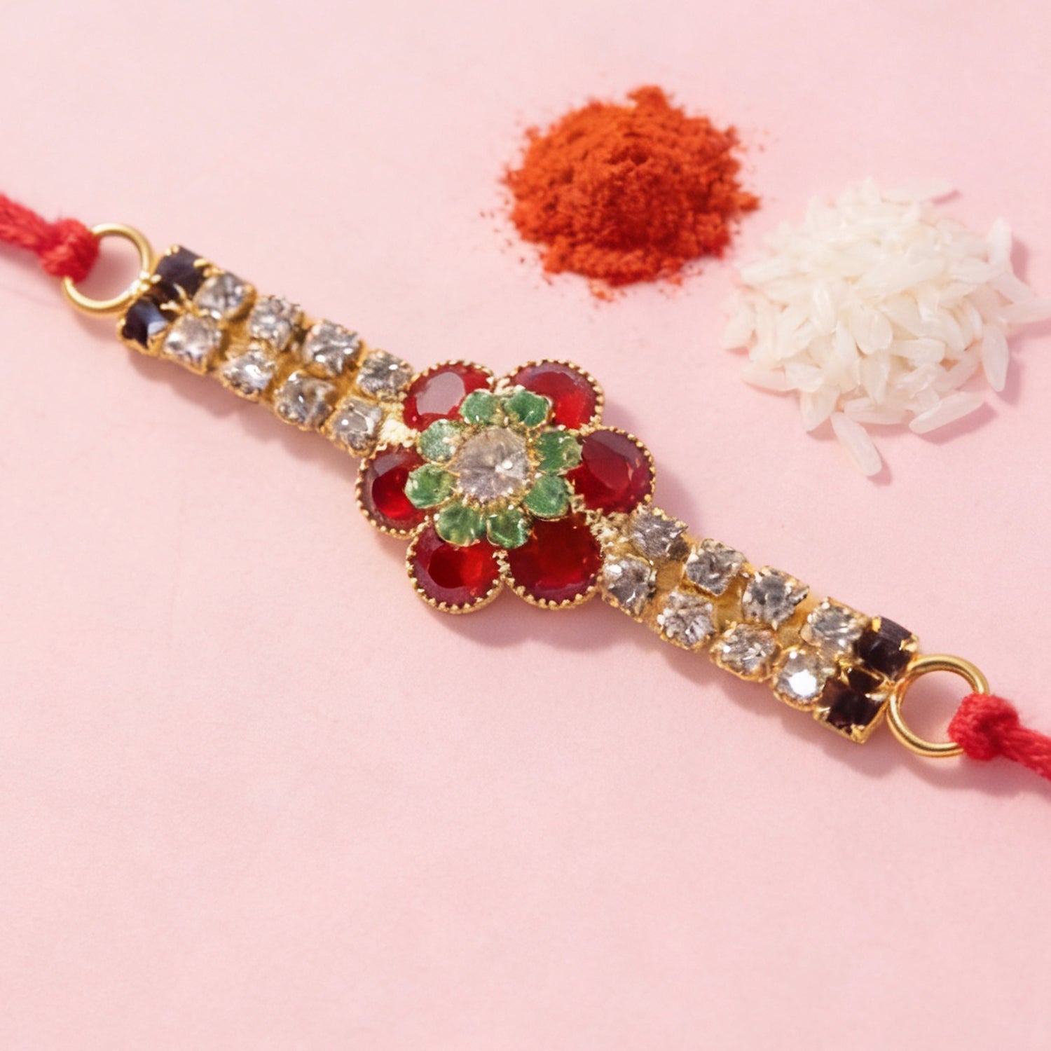 Red Floral Kundan Bracelet Rakhi with Crystal Line and Pearl Ends
